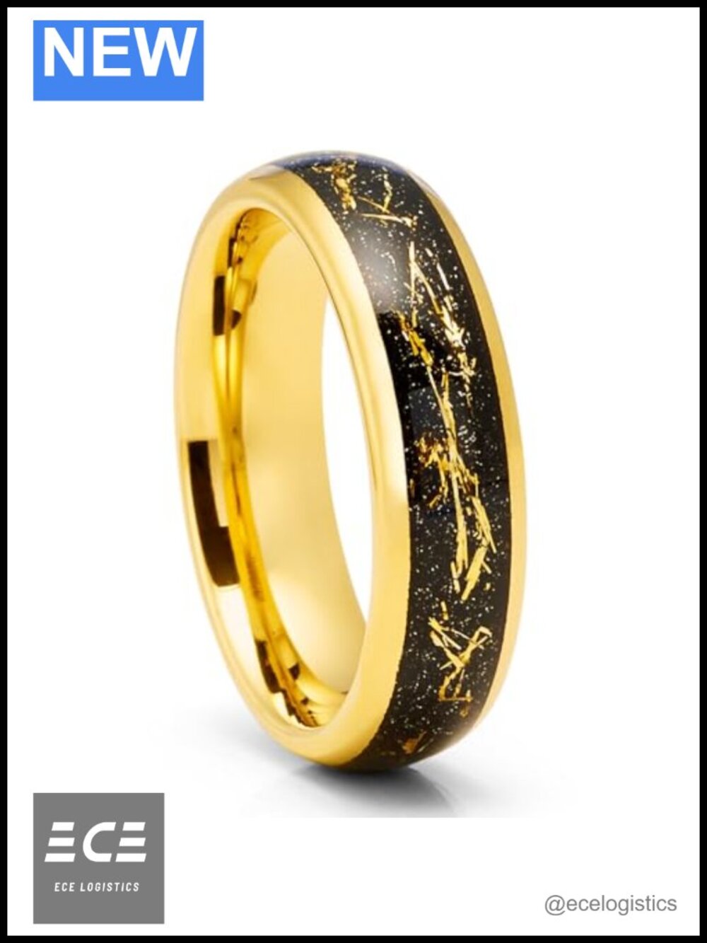Meteorite Inlay Tungsten Wedding Ring Yellow Gold Plated Comfort Fit Dome